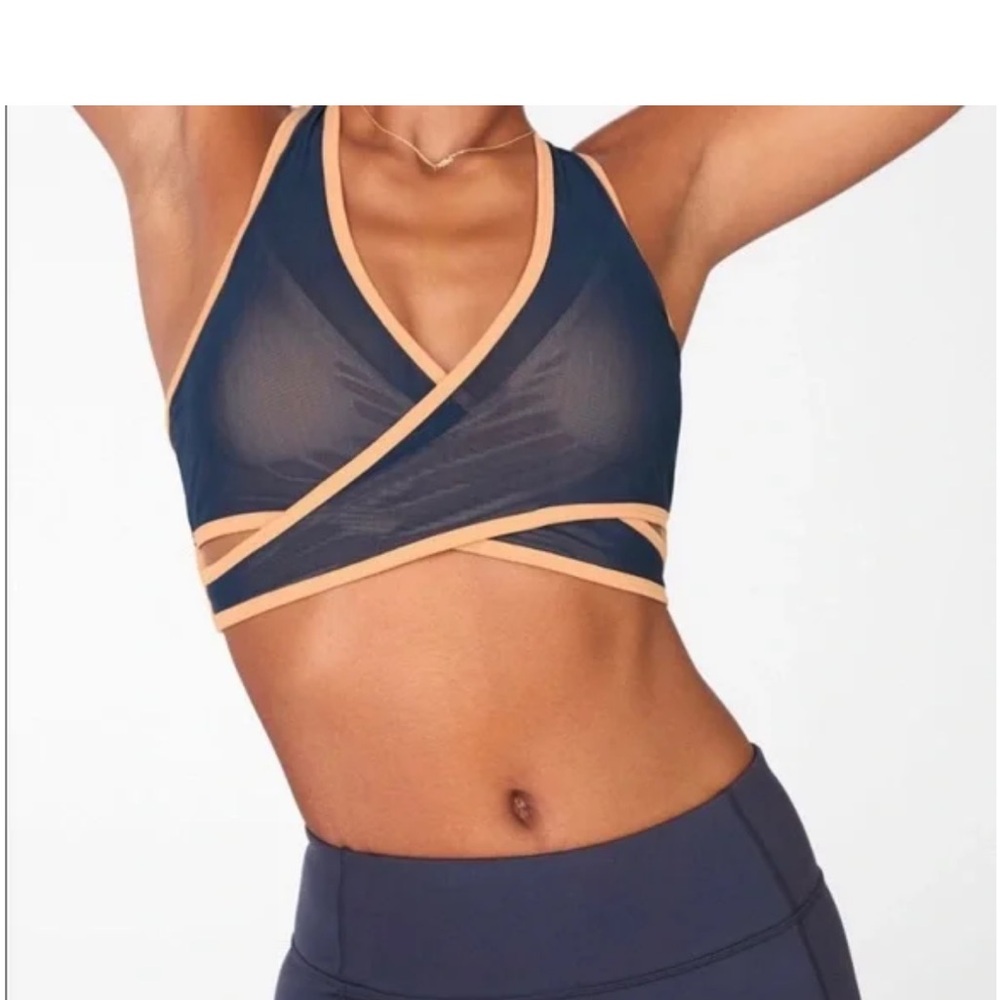 Fabletics Medium Impact Sports Bra Nude with Navy Mesh Overlay & Strappy Back-L